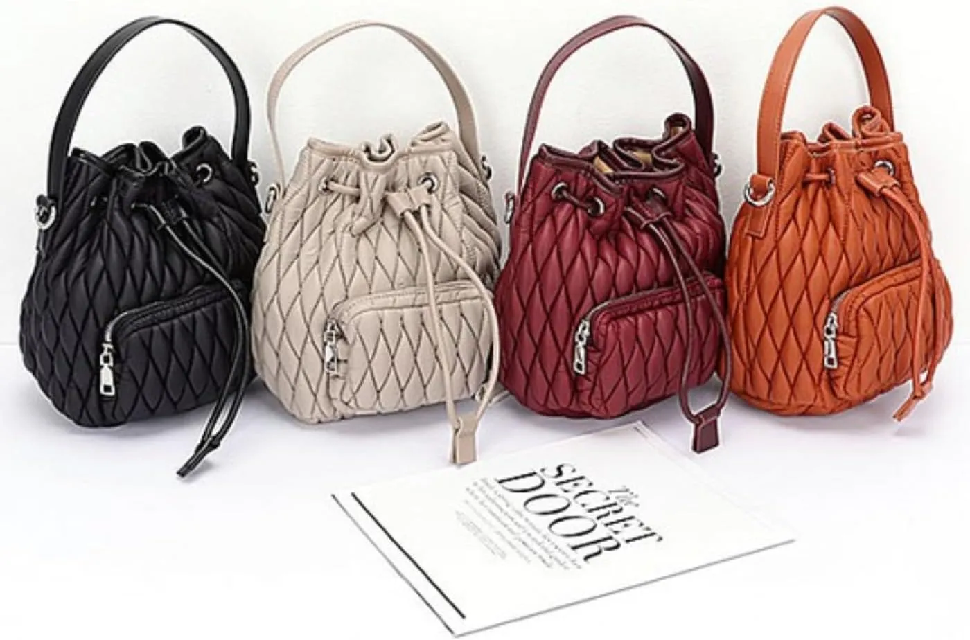 Puffy Padded Bucket Bag for Women Quilted Nylon Drawstring Handbag Lightweight Casual Purse Tote Bags (Burgundy, Small)