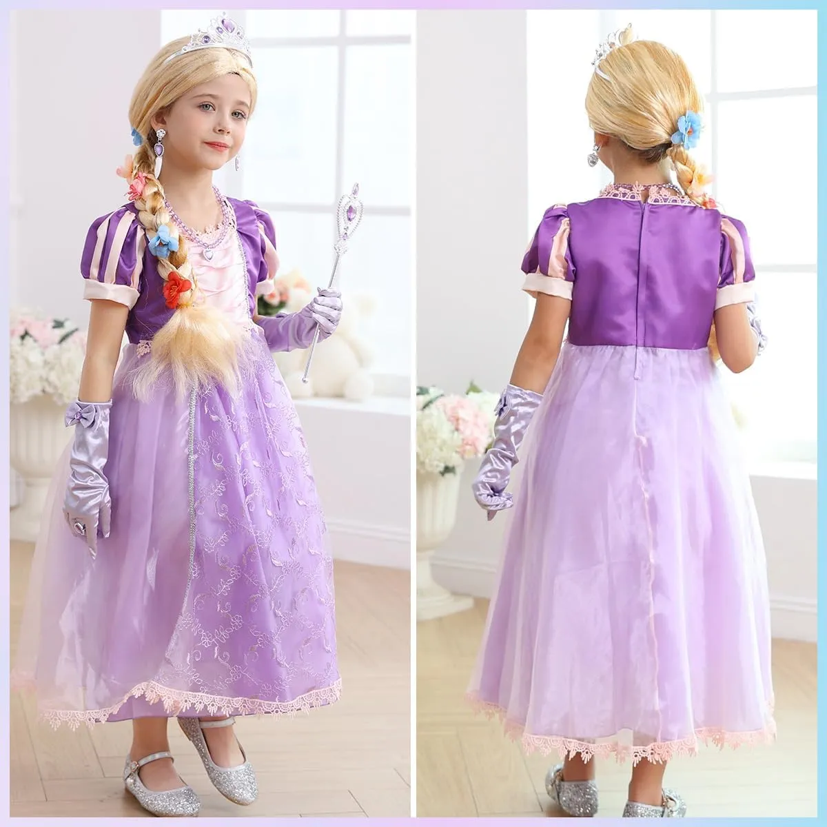Purple Princess Costume for Girls Toddler Rapunzel Dress with Wig Halloween Birthday Party Outfit for Kids