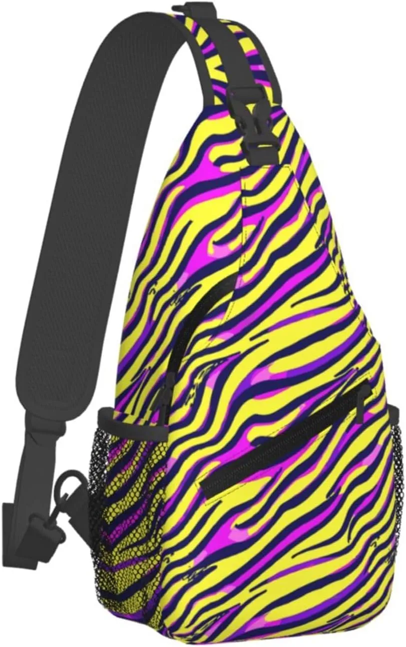 Purple Yellow Zebra Stripe Crossbody Bag Cross Chest Bag Adjustable Sling Backpack Sports Gym Shoulder Bags Travel Cycling Daypack Diagonally Casual Rucksack
