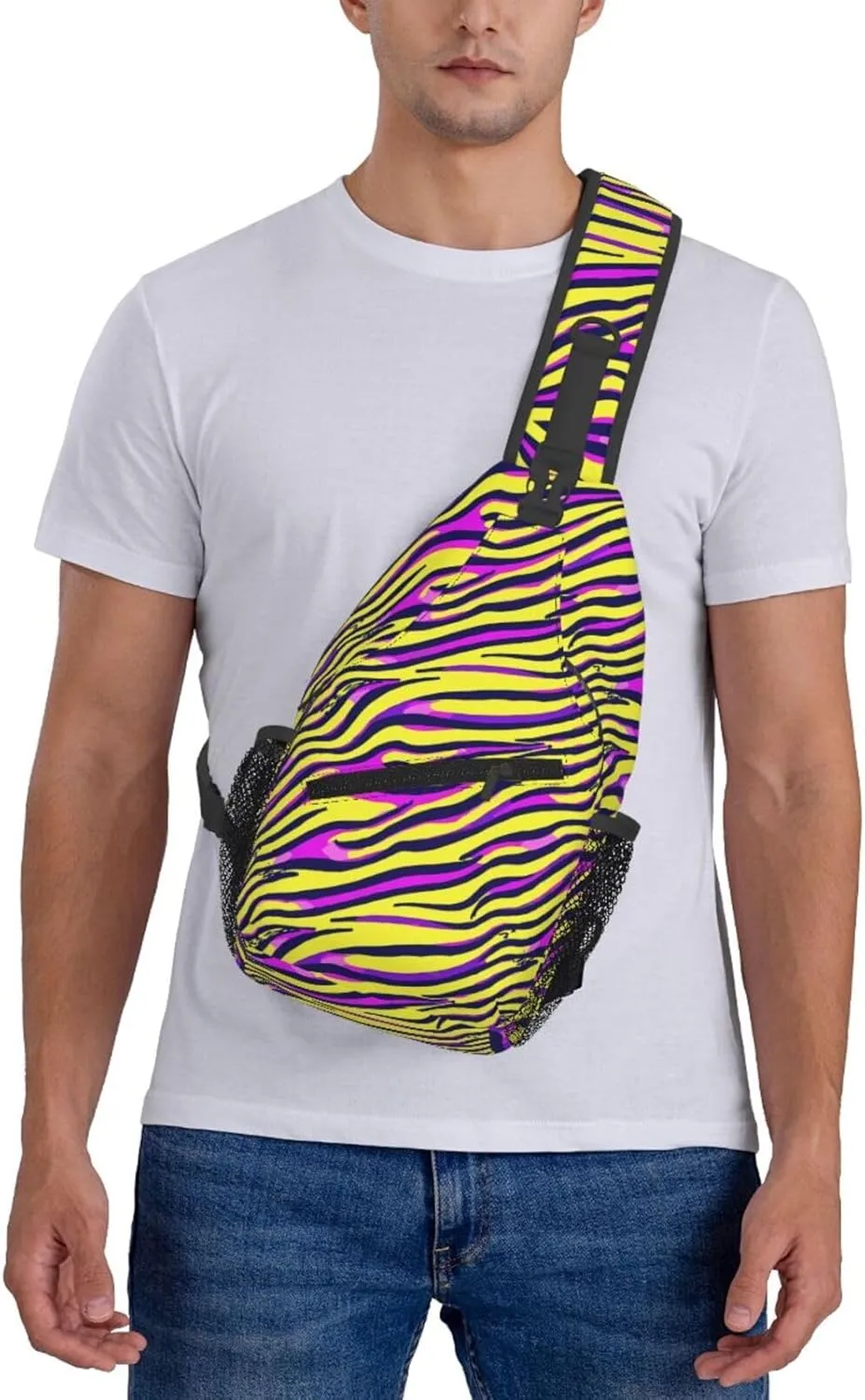 Purple Yellow Zebra Stripe Crossbody Bag Cross Chest Bag Adjustable Sling Backpack Sports Gym Shoulder Bags Travel Cycling Daypack Diagonally Casual Rucksack