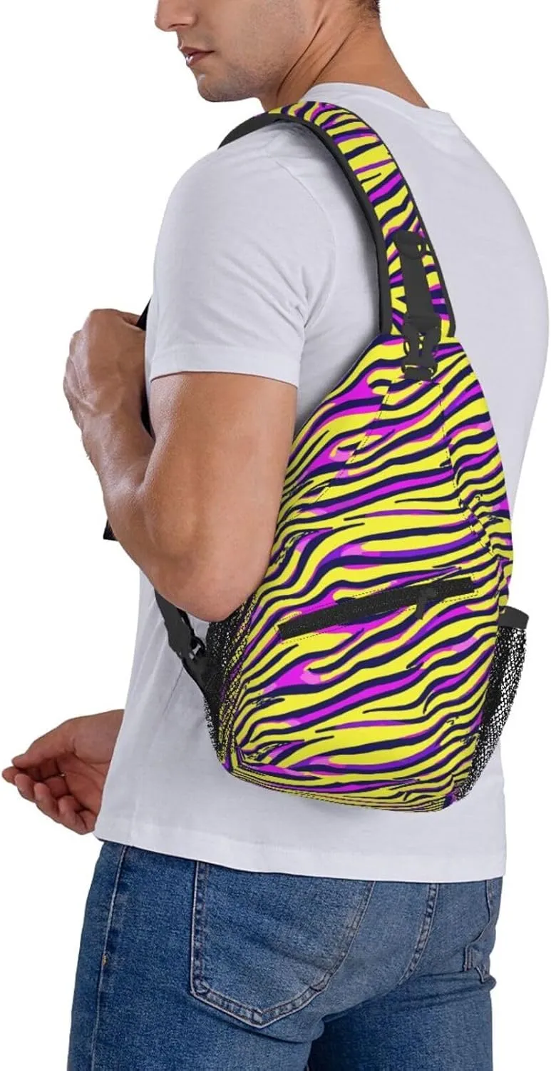 Purple Yellow Zebra Stripe Crossbody Bag Cross Chest Bag Adjustable Sling Backpack Sports Gym Shoulder Bags Travel Cycling Daypack Diagonally Casual Rucksack