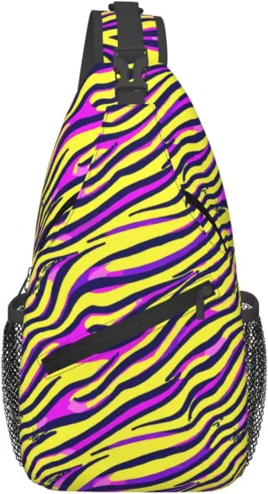 Purple Yellow Zebra Stripe Crossbody Bag Cross Chest Bag Adjustable Sling Backpack Sports Gym Shoulder Bags Travel Cycling Daypack Diagonally Casual Rucksack