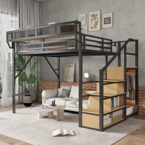 Queen Size Loft Bed with Stairs and Storage, Metal Loft Bed Frame with Bedside Shelf and Large Under-Bed Space, Heavy-Duty Beds for Adults Teens and Kids, Black