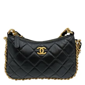 Quilted Mini Black Crossbody Bag in Lambskin, Gold hardware