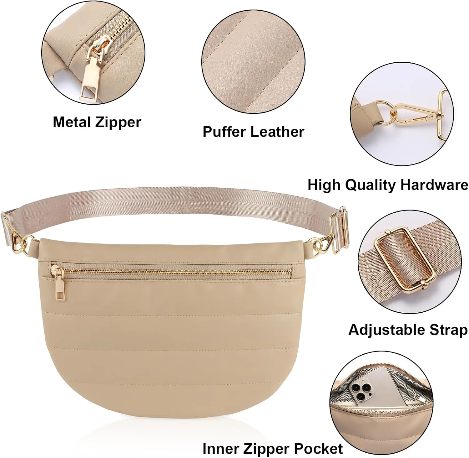 Quilted Puffer Leather Belt Bag for Women Puffer Crossbody Bags Puffy Sling Belt Bag Fanny Pack Bum Waist Chest Shoulder Bag for Women-Apricot