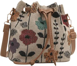 QWINEE Women's Floral Drawstring Bucket Bag Retro Vintage Small Crossbody Bag with Detachable Strap