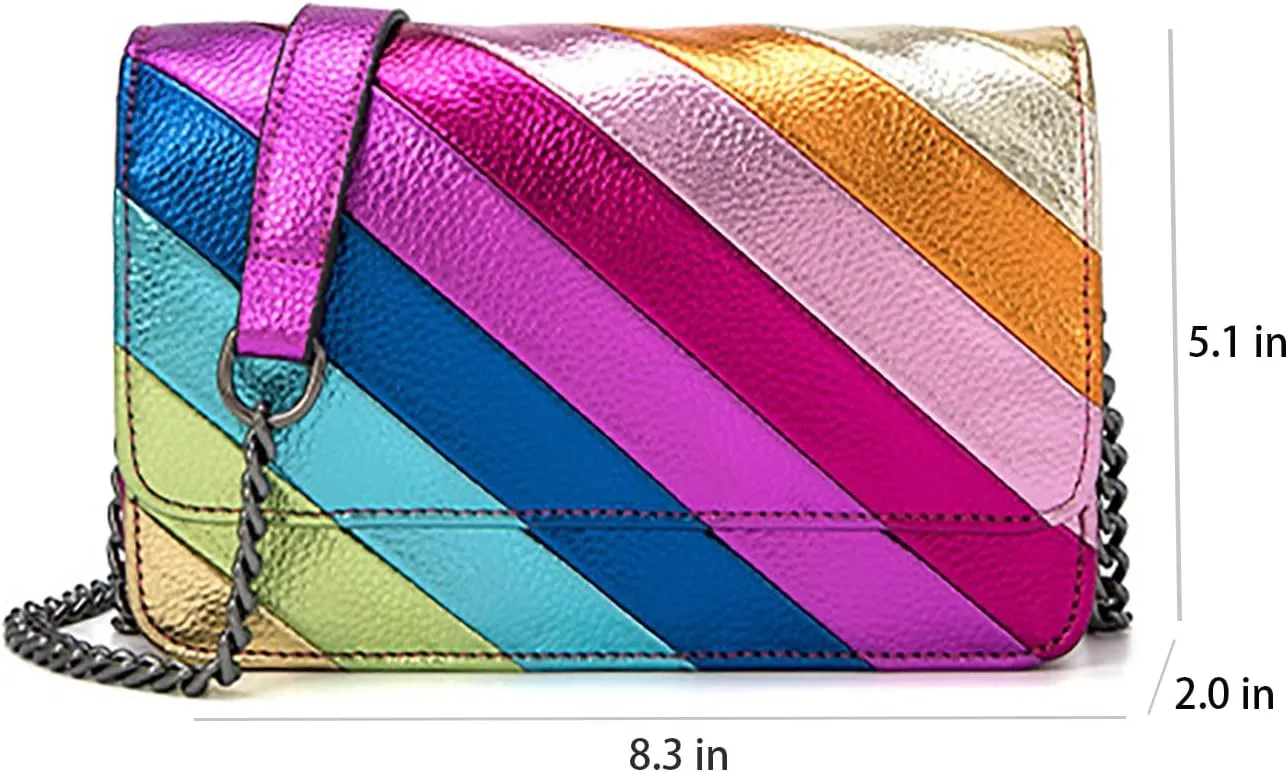 Rainbow Stripe Crossbody Bag For Women Handbag Purse - Contrast Color Stitching PU Leather with Chain Strap