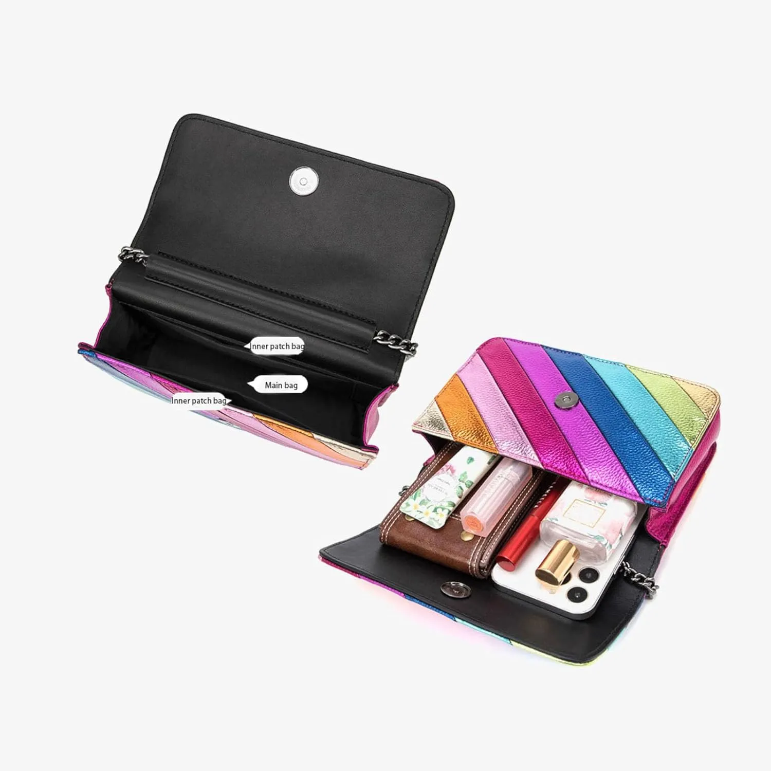 Rainbow Stripe Crossbody Bag For Women Handbag Purse - Contrast Color Stitching PU Leather with Chain Strap