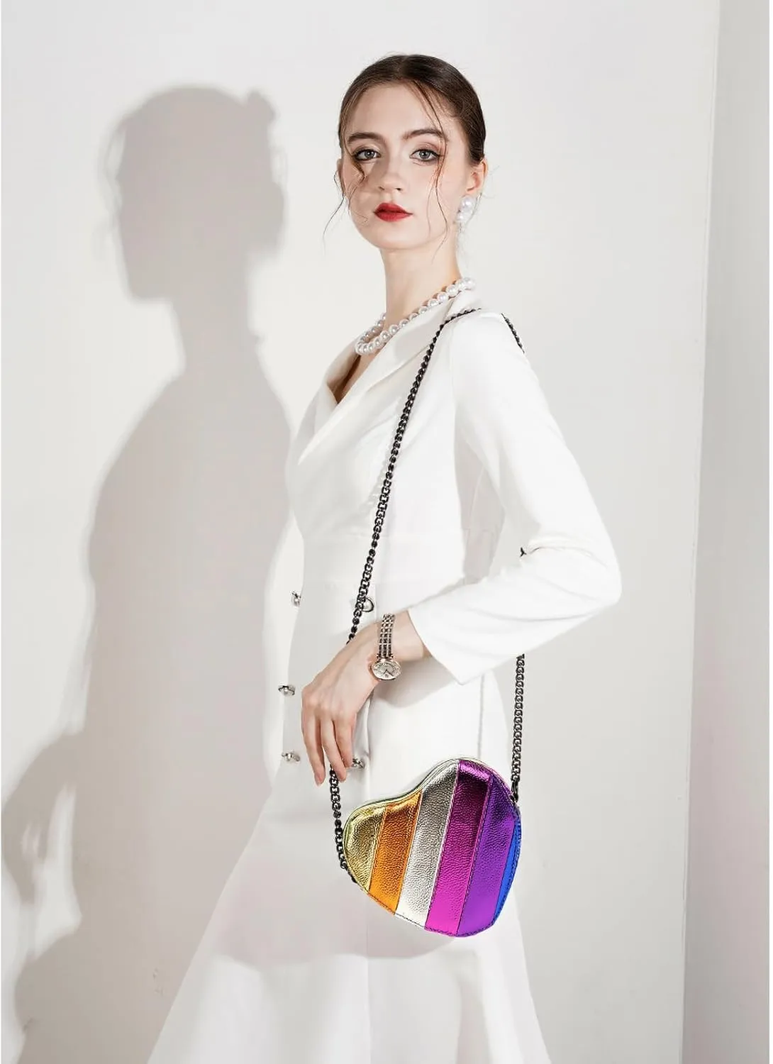 Rainbow Stripe Crossbody Bag For Women Handbag Purse - Contrast Color Stitching PU Leather with Chain Strap