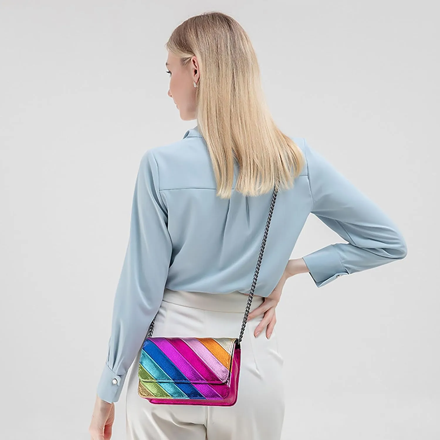Rainbow Stripe Crossbody Bag For Women Handbag Purse - Contrast Color Stitching PU Leather with Chain Strap