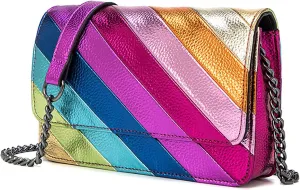 Rainbow Stripe Crossbody Bag For Women Handbag Purse - Contrast Color Stitching PU Leather with Chain Strap