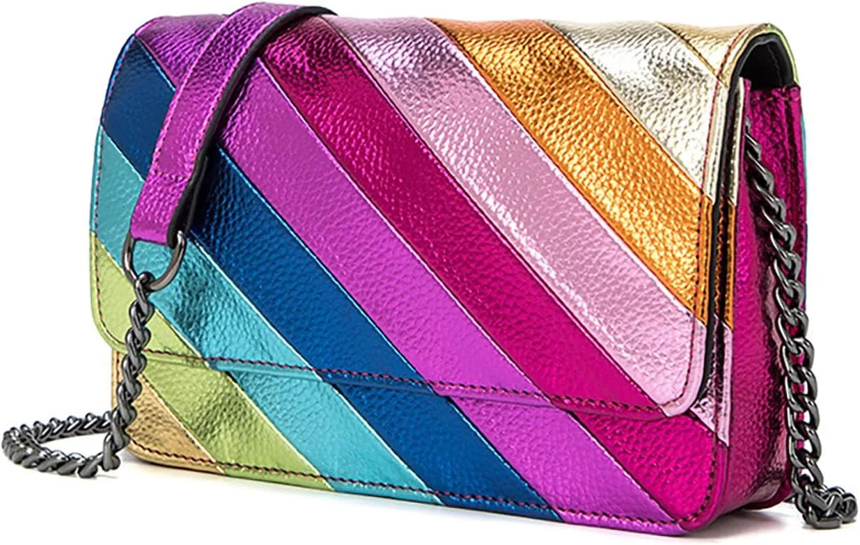 Rainbow Stripe Crossbody Bag For Women Handbag Purse - Contrast Color Stitching PU Leather with Chain Strap