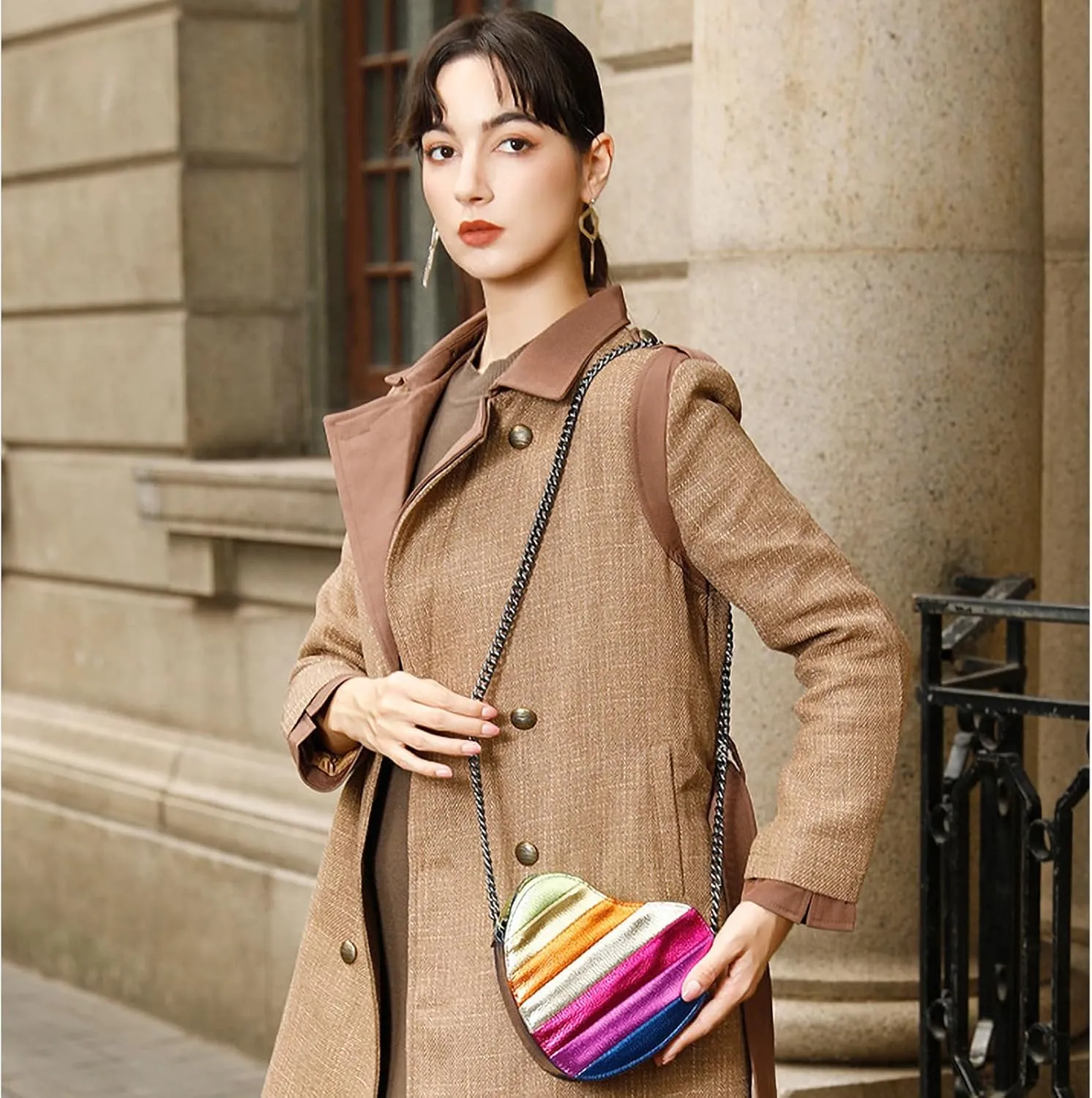 Rainbow Stripe Crossbody Bag For Women Handbag Purse - Contrast Color Stitching PU Leather with Chain Strap