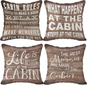 (RB) Life is Better at The Cabin Vintage Wood Grain Throw Pillow Case, 18 x 18 Inch Set of 4, Cabin Outdoor Porch Decorative, Cabin Decor, Cabin Rules Decor, Cabin Pillows Cover for Sofa Couch Bed