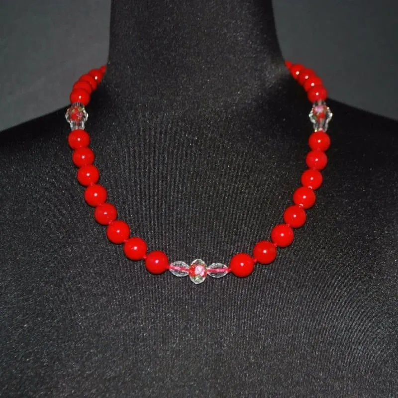 Red Shell Pearls Bead Crystal Ascent Necklace.