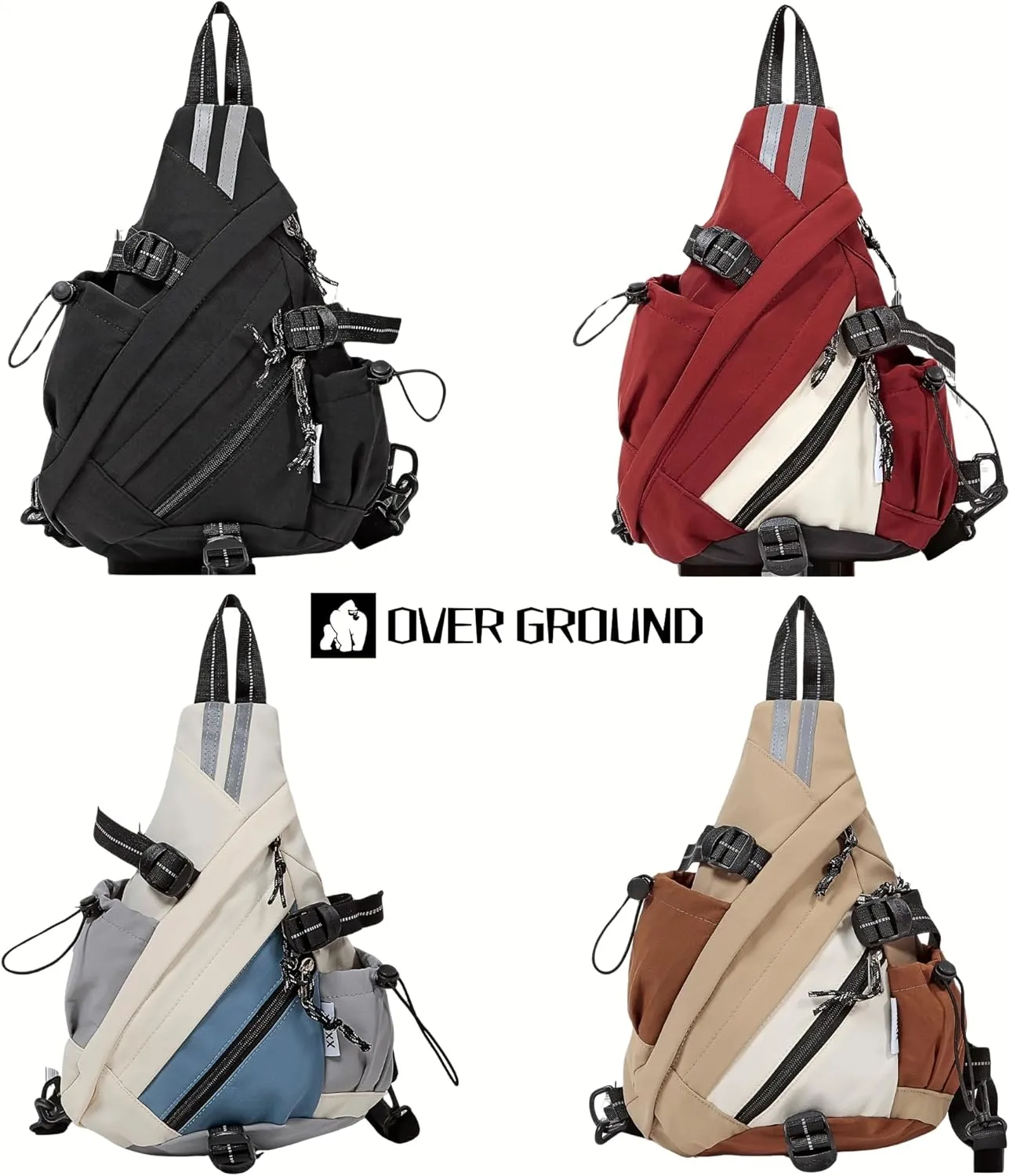 Reflective Two Tone Casual Convertible Sling Backpack Key Ring Strap, Adjustable Travel Zipper Multi-Pocket Crossbody Bags (Khaki, Small)