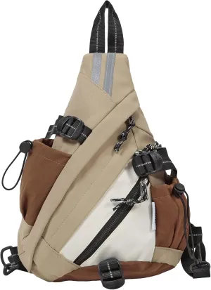 Reflective Two Tone Casual Convertible Sling Backpack Key Ring Strap, Adjustable Travel Zipper Multi-Pocket Crossbody Bags (Khaki, Small)