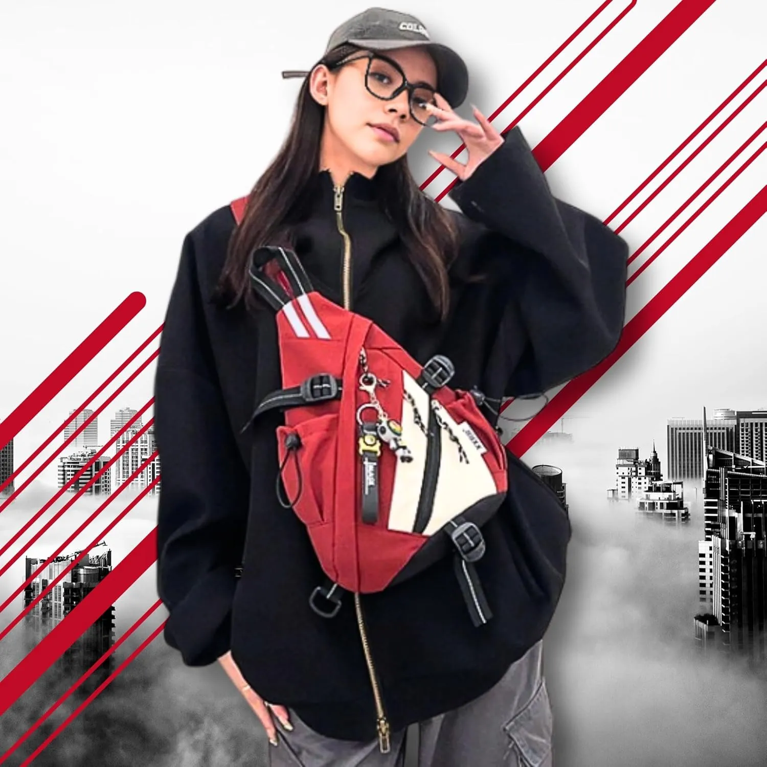 Reflective Two Tone Casual Convertible Sling Backpack Key Ring Strap, Adjustable Travel Zipper Multi-Pocket Crossbody Bags (Khaki, Small)