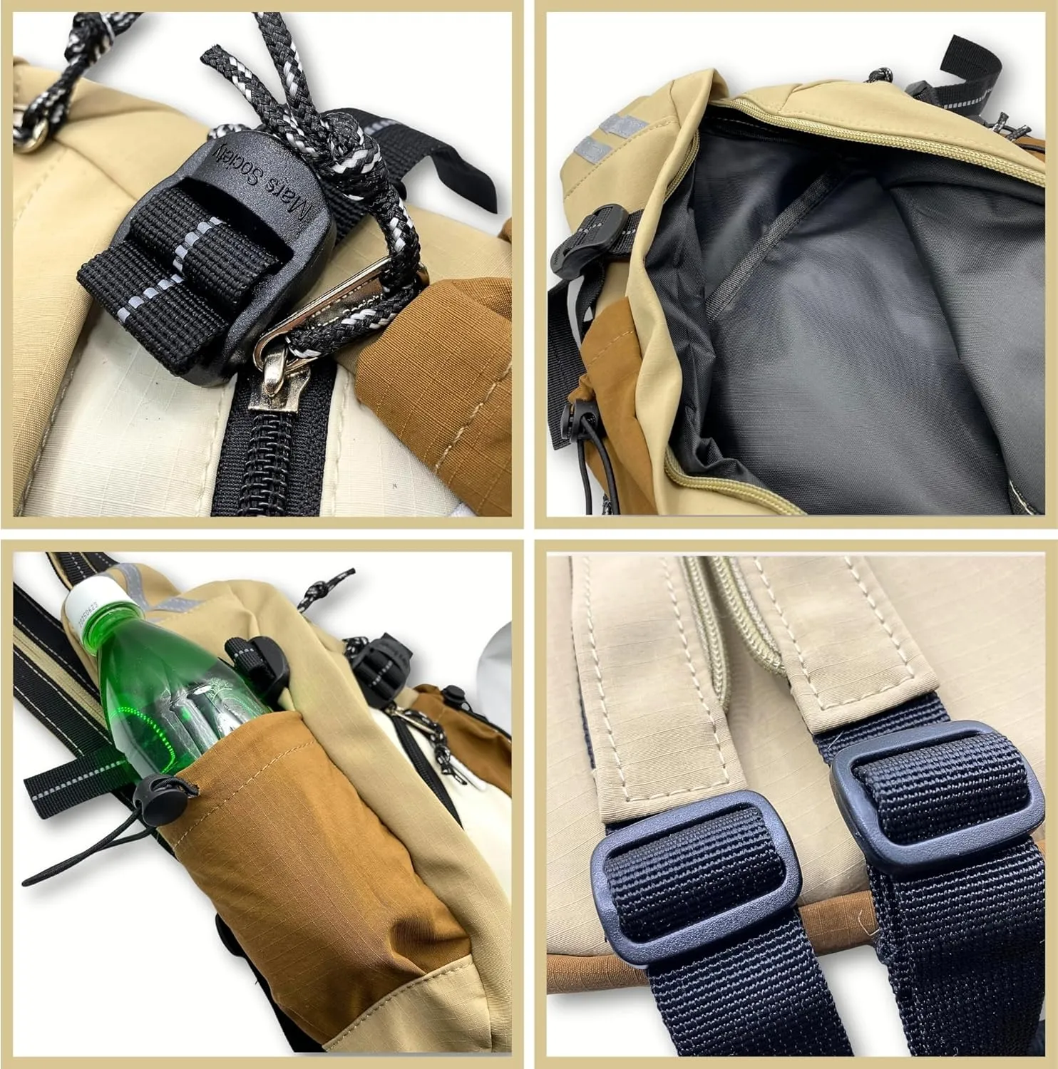 Reflective Two Tone Casual Convertible Sling Backpack Key Ring Strap, Adjustable Travel Zipper Multi-Pocket Crossbody Bags (Khaki, Small)