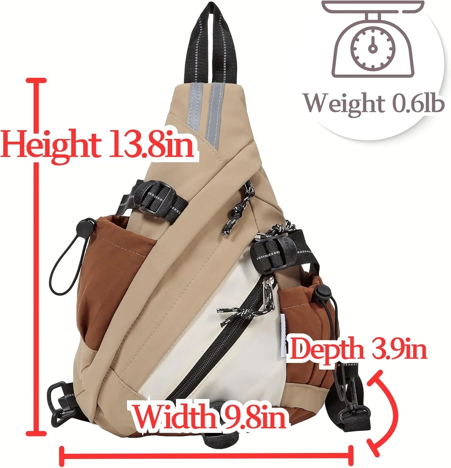 Reflective Two Tone Casual Convertible Sling Backpack Key Ring Strap, Adjustable Travel Zipper Multi-Pocket Crossbody Bags (Khaki, Small)