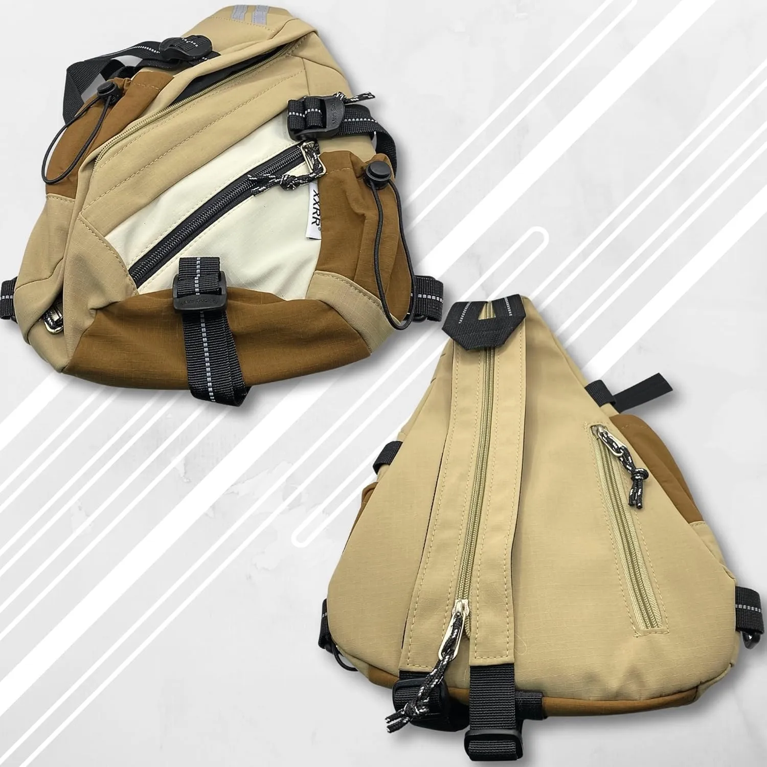 Reflective Two Tone Casual Convertible Sling Backpack Key Ring Strap, Adjustable Travel Zipper Multi-Pocket Crossbody Bags (Khaki, Small)
