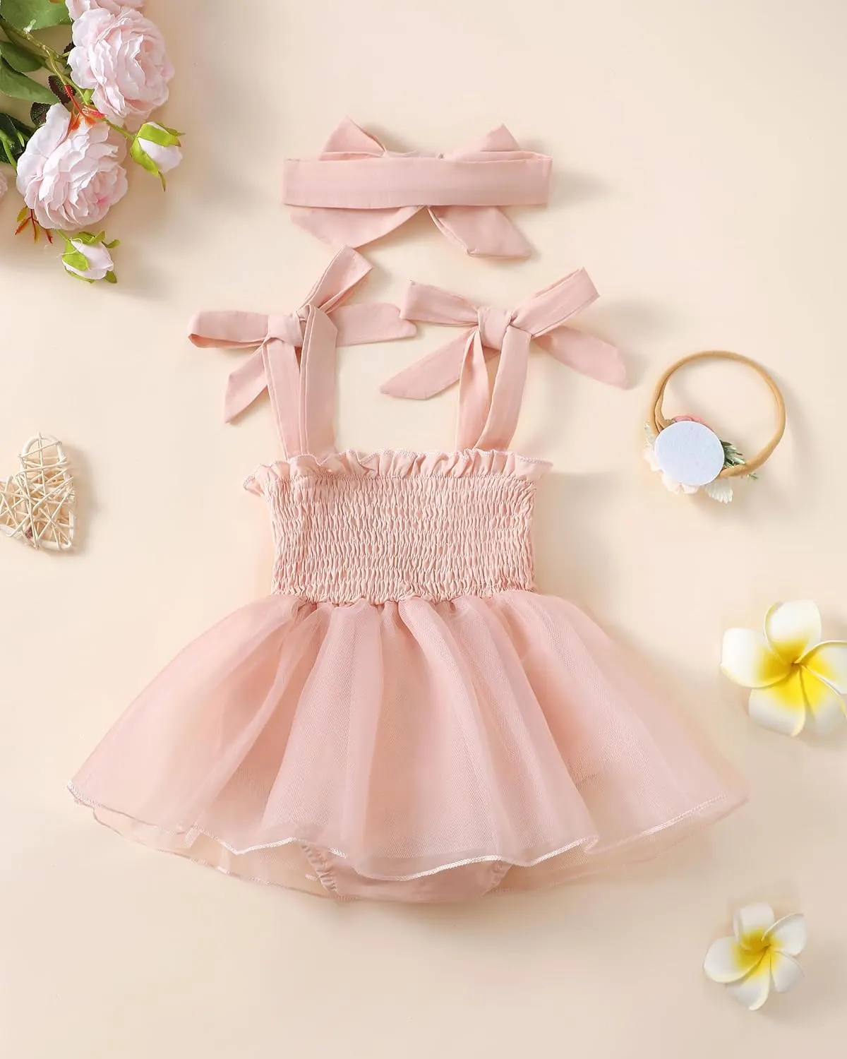 Renotemy Baby Girl Tulle Dress Sleeveless Romper Smocked Halter 1st Birthday Clothes Cake Smash Outfits with Flower Headband
