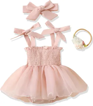 Renotemy Baby Girl Tulle Dress Sleeveless Romper Smocked Halter 1st Birthday Clothes Cake Smash Outfits with Flower Headband