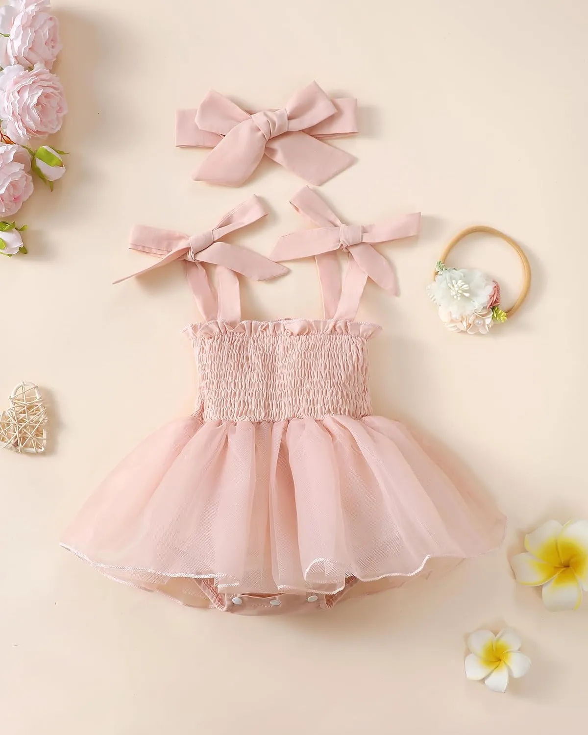 Renotemy Baby Girl Tulle Dress Sleeveless Romper Smocked Halter 1st Birthday Clothes Cake Smash Outfits with Flower Headband