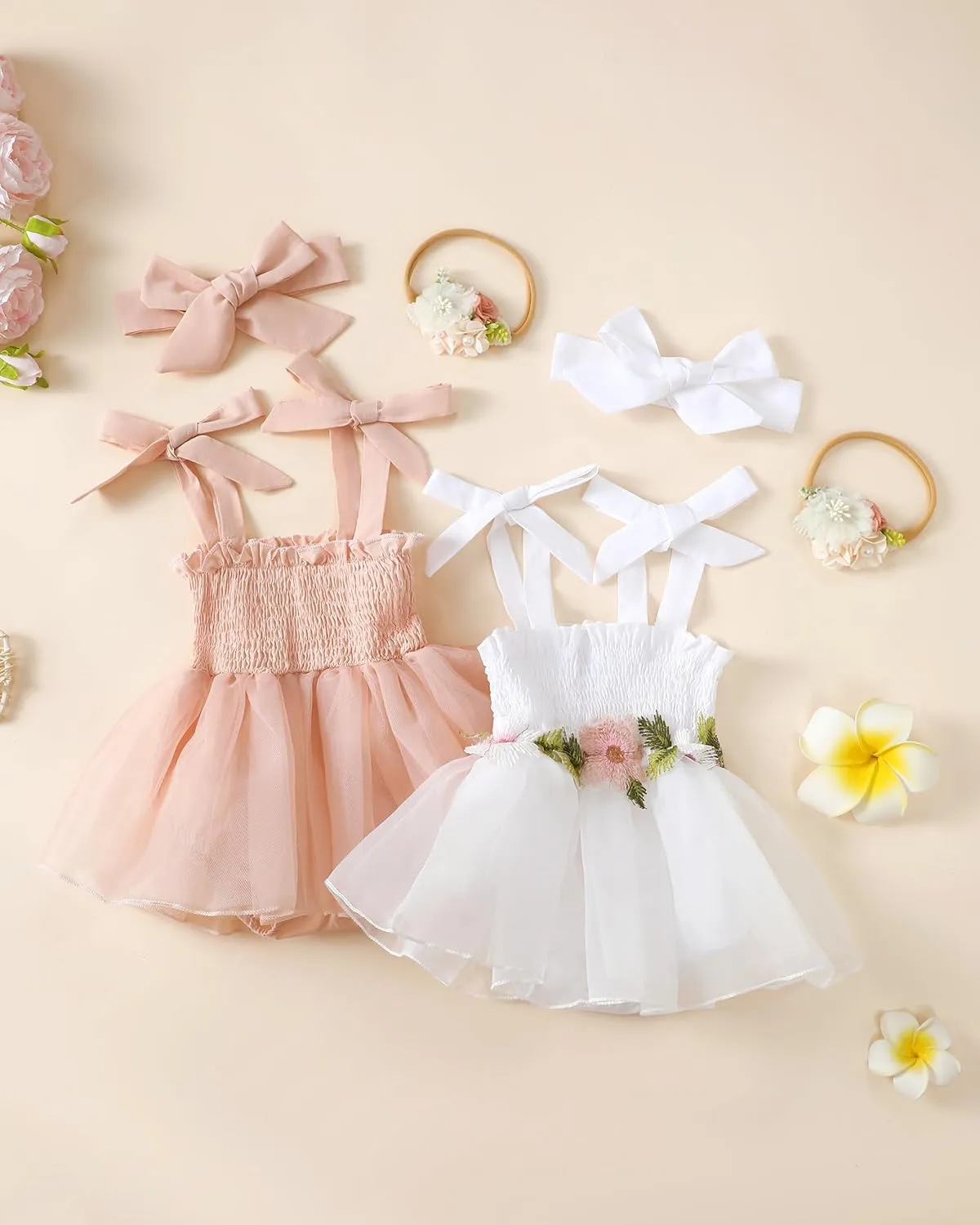 Renotemy Baby Girl Tulle Dress Sleeveless Romper Smocked Halter 1st Birthday Clothes Cake Smash Outfits with Flower Headband
