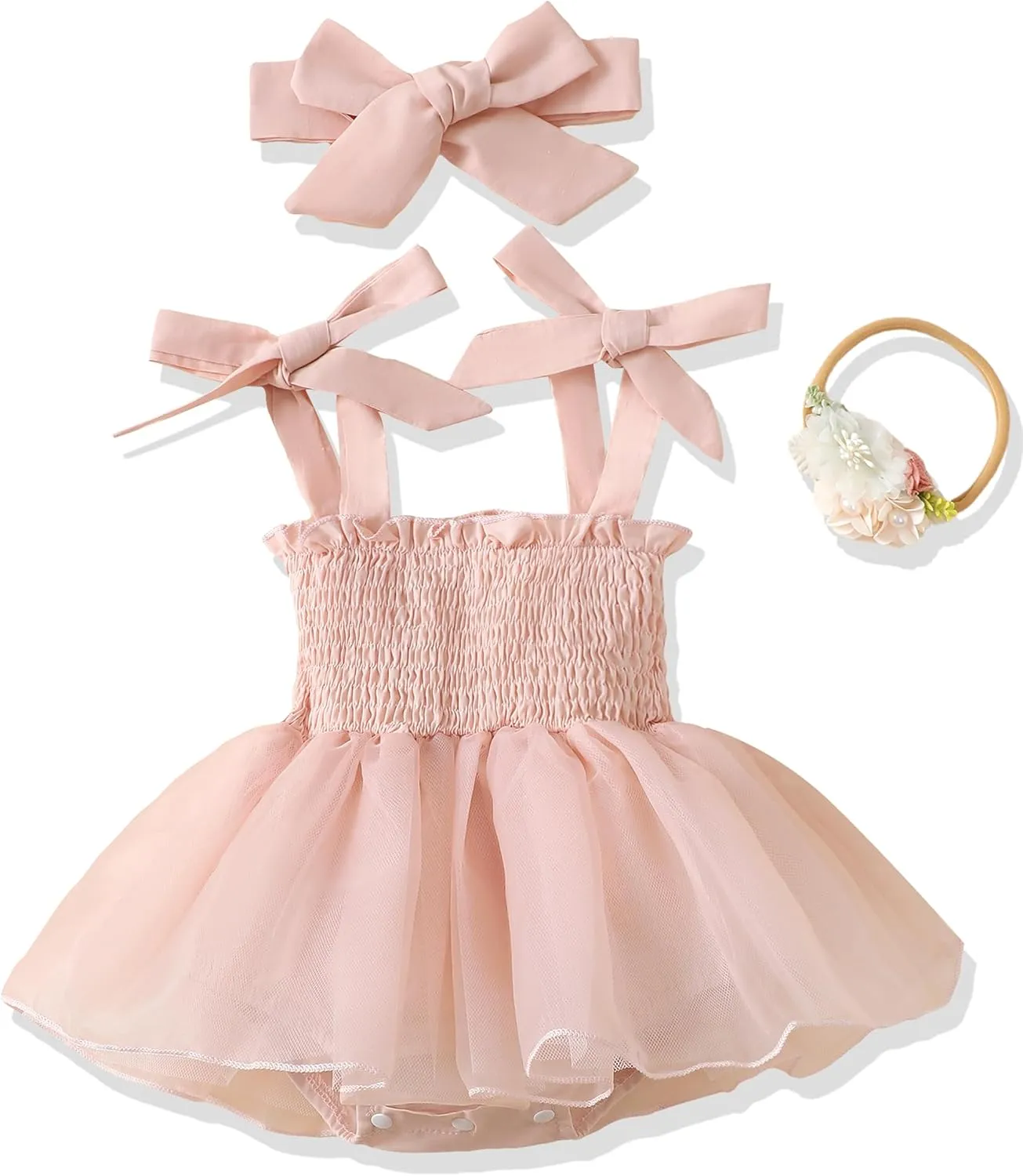 Renotemy Baby Girl Tulle Dress Sleeveless Romper Smocked Halter 1st Birthday Clothes Cake Smash Outfits with Flower Headband