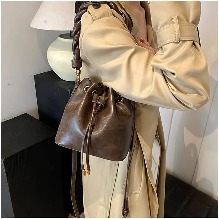 Retro fashion drawstring bucket handbags trendy high end shoulder bags versatile crossbody purses