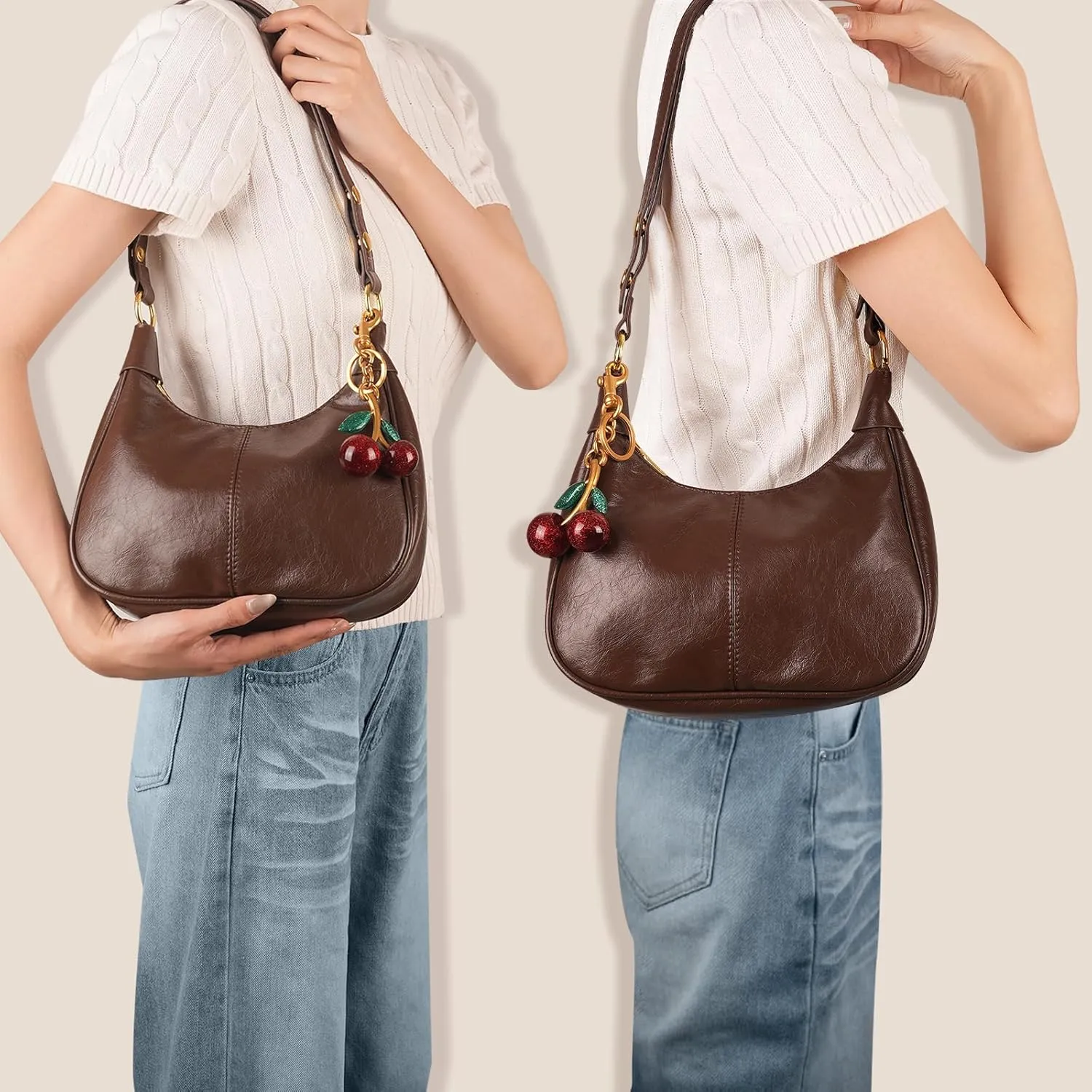 Retro Hobo Bag with Cherry Charm Vegan Leather Shoulder Crossbody Handheld Stylish Purse for Women