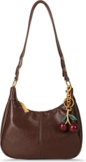 Retro Hobo Bag with Cherry Charm Vegan Leather Shoulder Crossbody Handheld Stylish Purse for Women