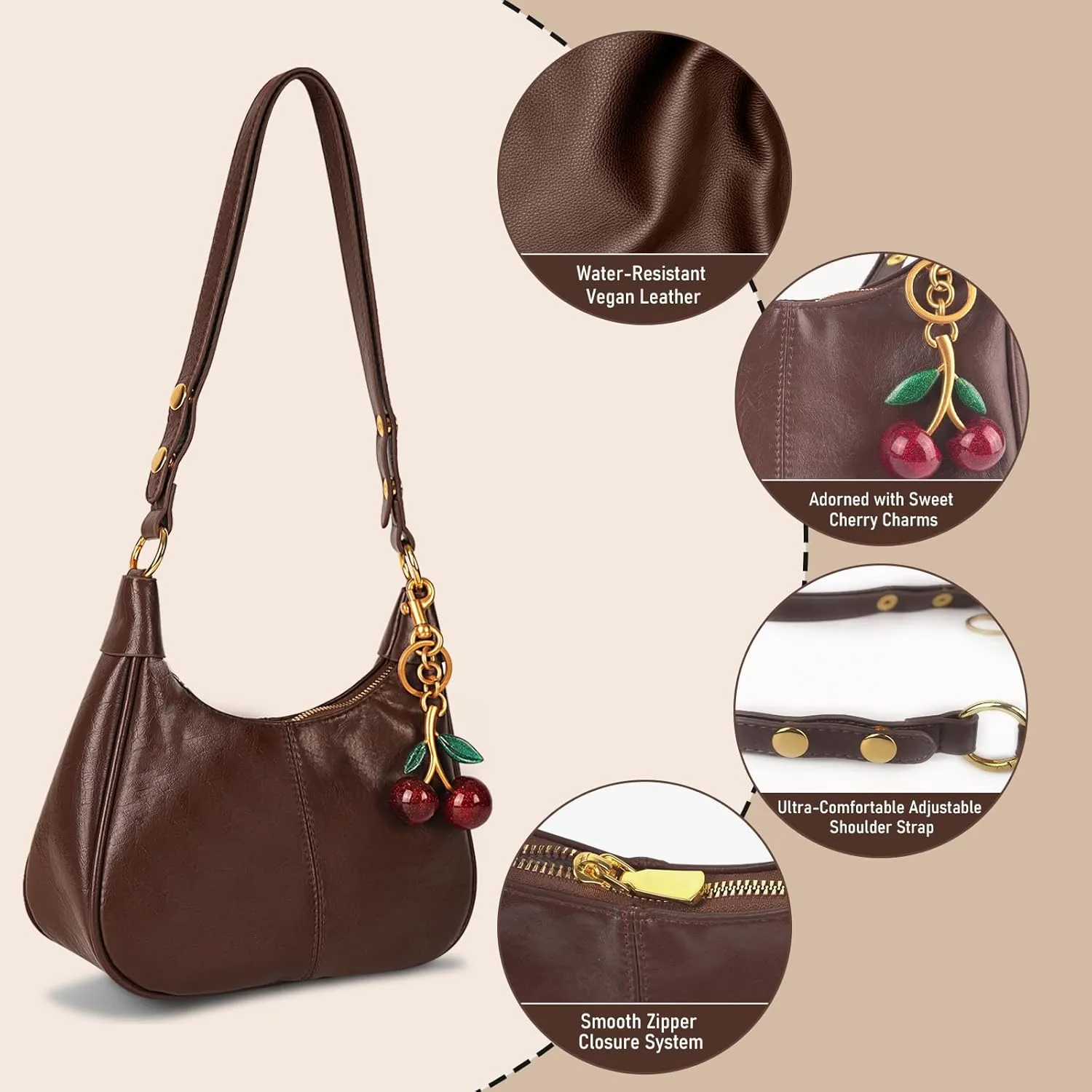 Retro Hobo Bag with Cherry Charm Vegan Leather Shoulder Crossbody Handheld Stylish Purse for Women