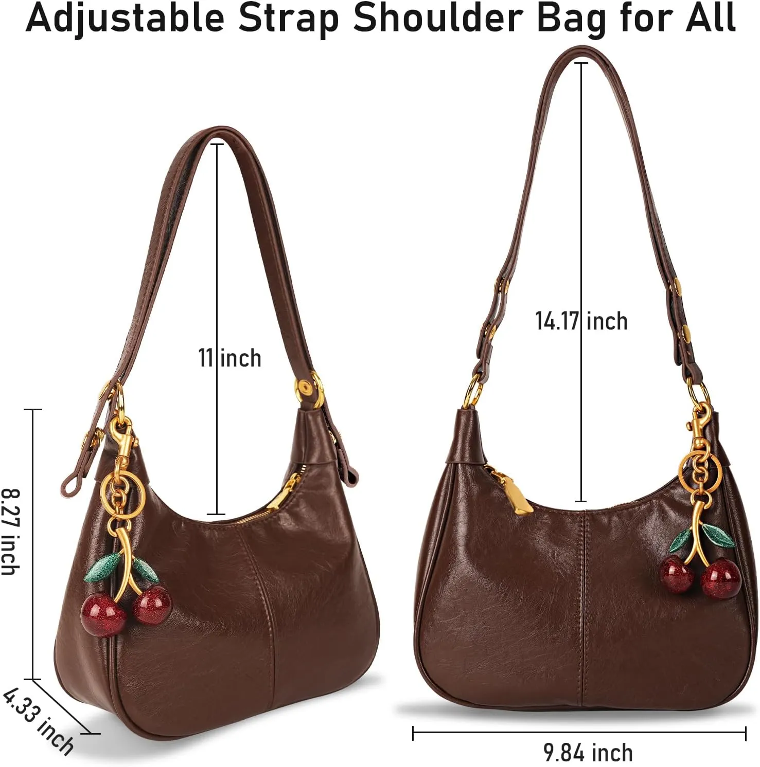 Retro Hobo Bag with Cherry Charm Vegan Leather Shoulder Crossbody Handheld Stylish Purse for Women