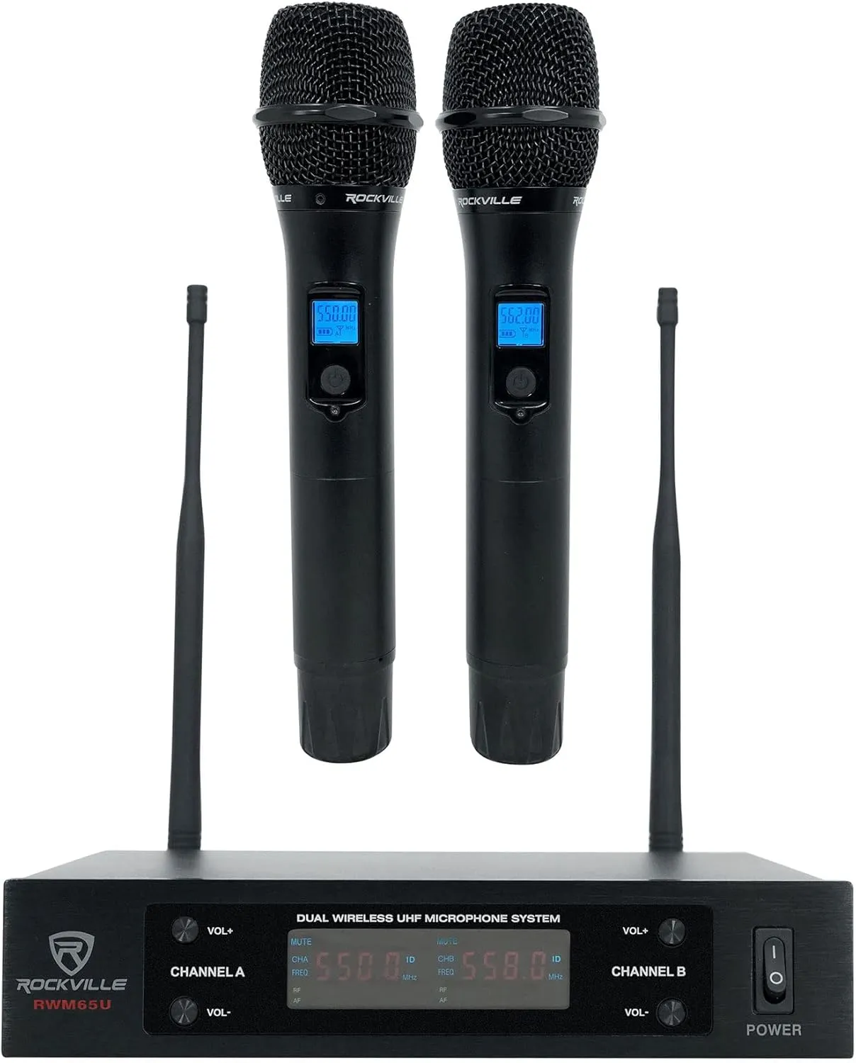 Rockville Dual UHF 15 Channel Metal Handheld Wireless Microphone System (RWM65U), Black