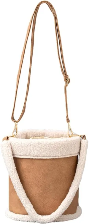 Round Bucket Bag for Women Retro PU Leather Purses Sherpa Lined Shoulder Crossbody Bag with 2 Adjustable Straps Winter