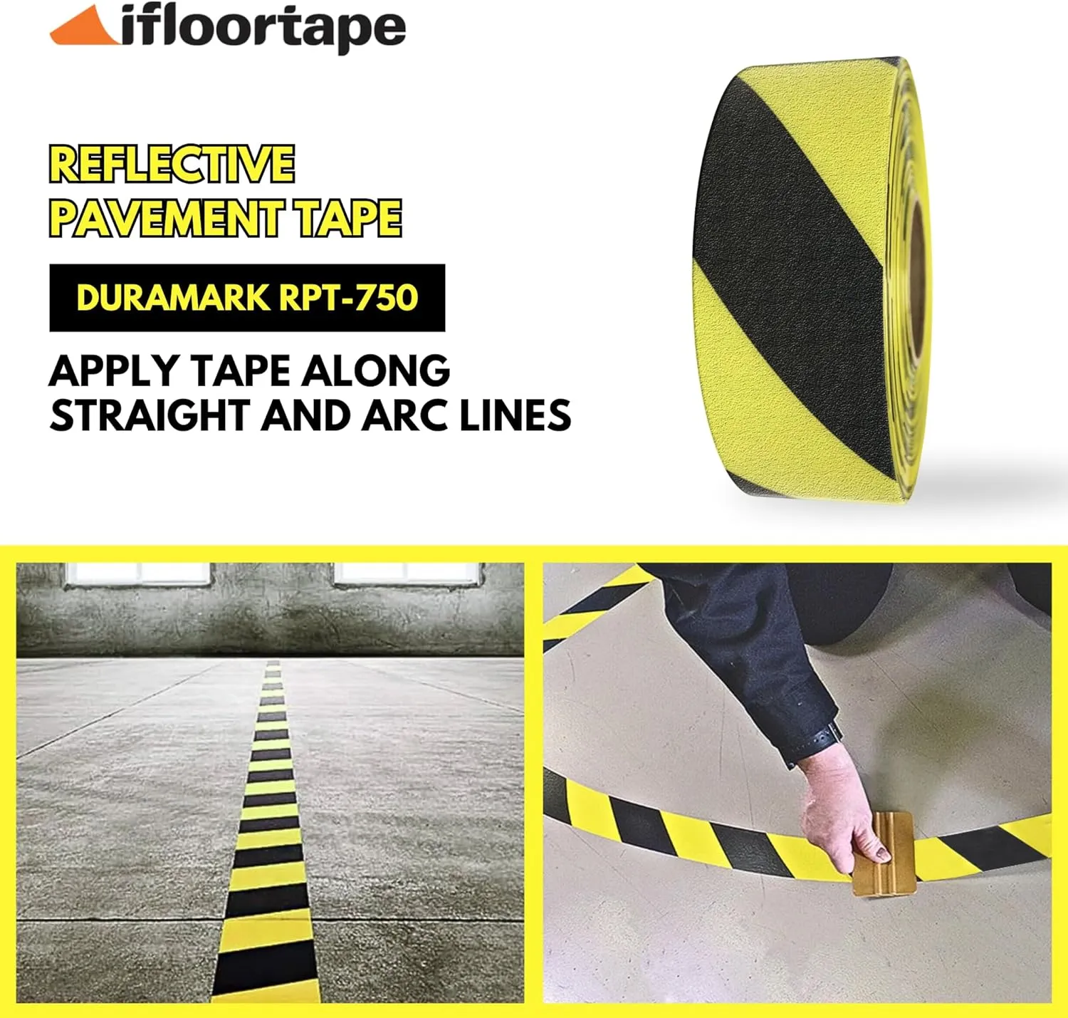 RPT-750 Hazard Safety Warning Stripe Tape - Durable Outdoor Heavy Duty Rubber Base, Reflective Slip Resistant BASt Certified for Pavement Marking, Hazardous Areas (Yellow & Black, 3" X 36')