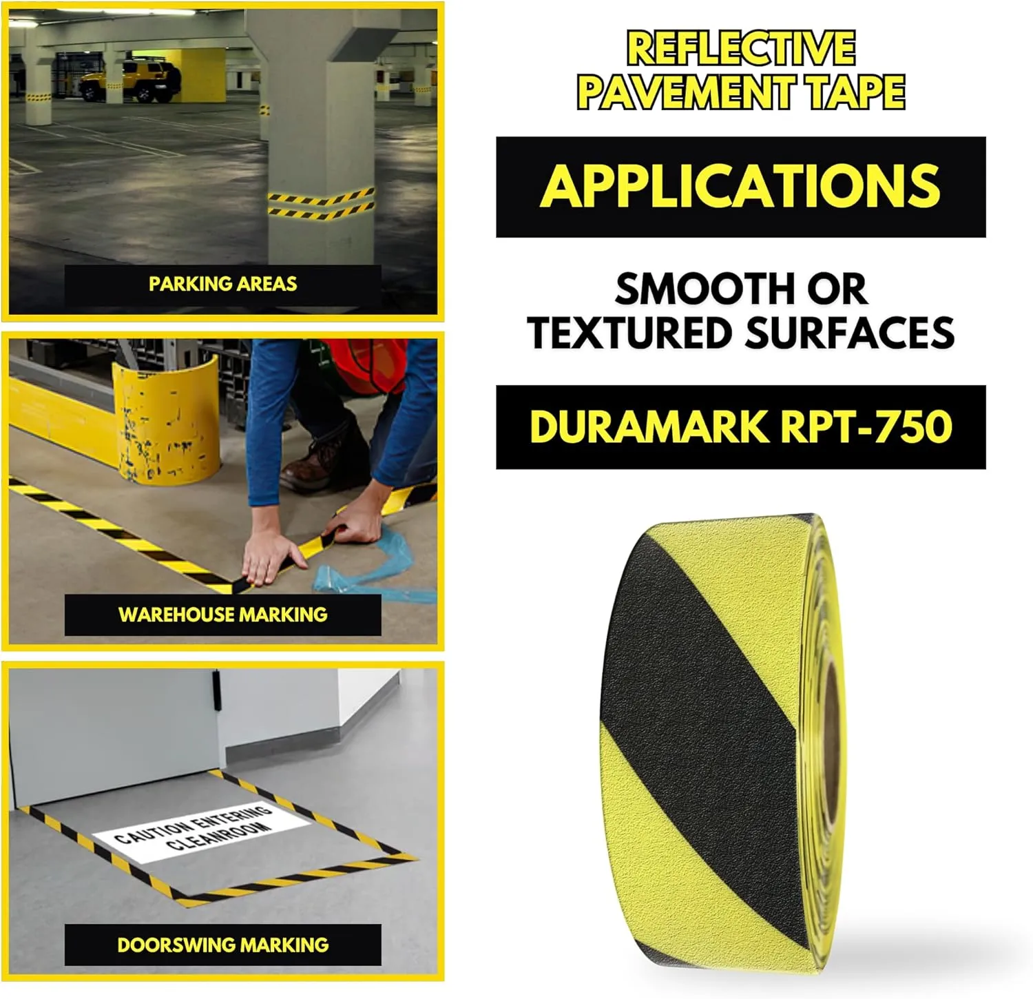 RPT-750 Hazard Safety Warning Stripe Tape - Durable Outdoor Heavy Duty Rubber Base, Reflective Slip Resistant BASt Certified for Pavement Marking, Hazardous Areas (Yellow & Black, 3" X 36')