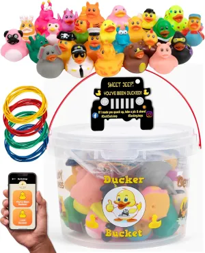 Rubber Ducks Jeep Ducking - 76 Piece kit Including Ducker Bucket, Jeep Ducking Cards & Rubber Bands Plus Official Duck Duck Jeep Mobile App