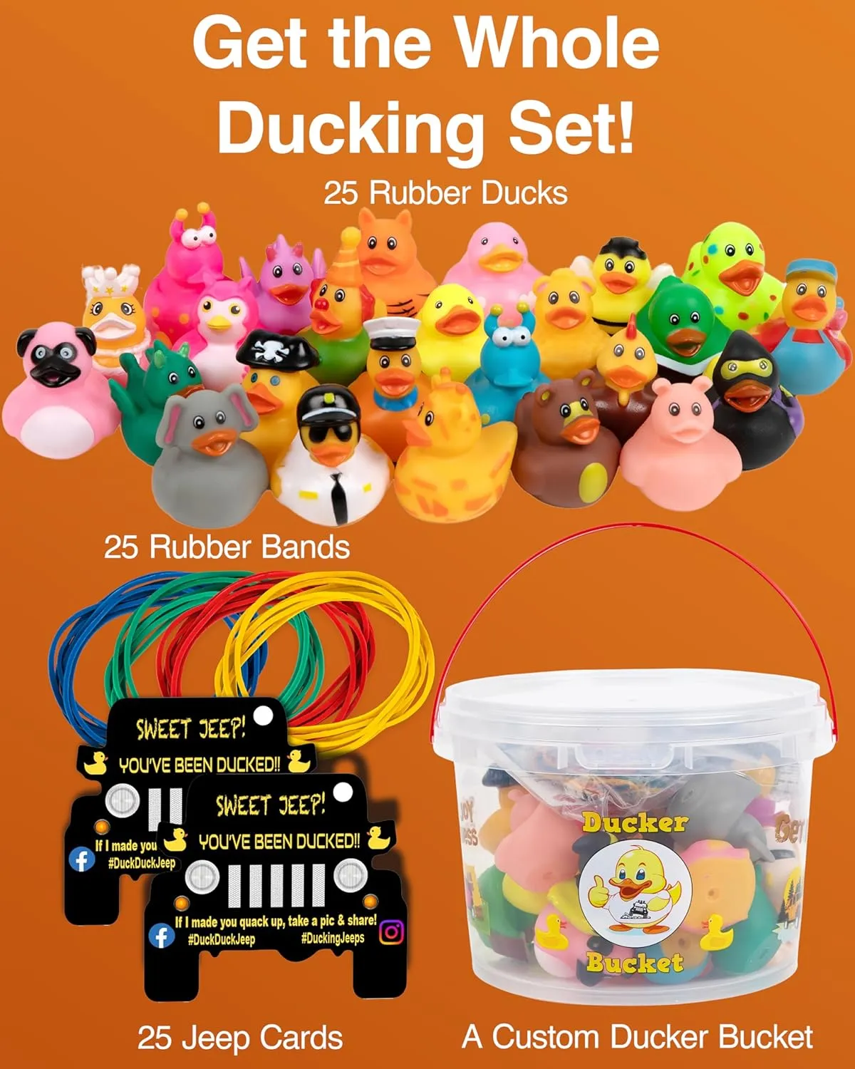 Rubber Ducks Jeep Ducking - 76 Piece kit Including Ducker Bucket, Jeep Ducking Cards & Rubber Bands Plus Official Duck Duck Jeep Mobile App