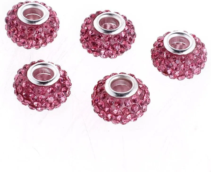 RUBYCA Big Hole Large Crystal Slide Charm Beads fit European Charm Bracelet (20pcs, Pink, 15mm)