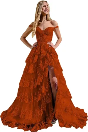 Ruffles Prom Dresses with Slit Long Cold Shoulder Tired Formal Evening Dress for Women Princess Ball Gown TR102