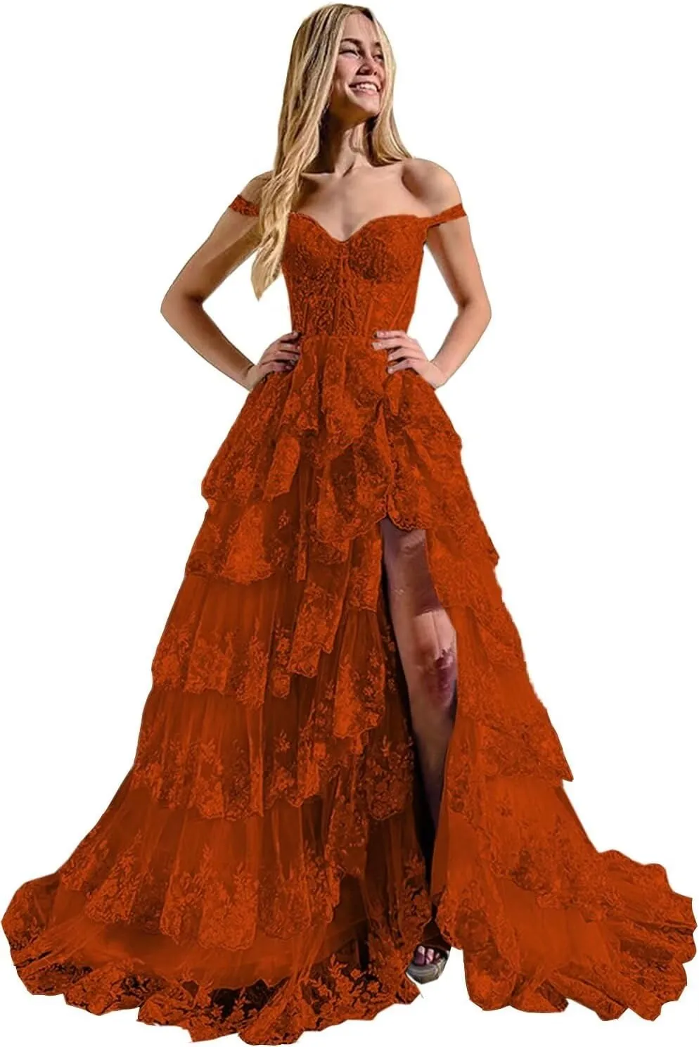 Ruffles Prom Dresses with Slit Long Cold Shoulder Tired Formal Evening Dress for Women Princess Ball Gown TR102