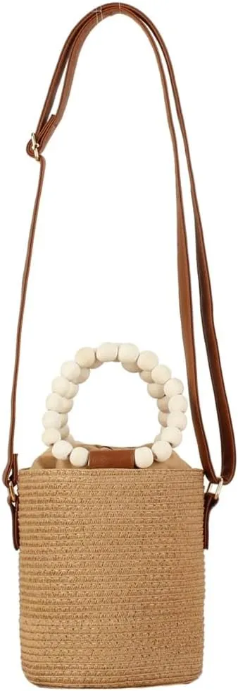 Rungion Womens Straw Bucket Purse Small Woven Crossbody Bag Summer Beach Shoulder Bags Casual Handbags with Drawstring