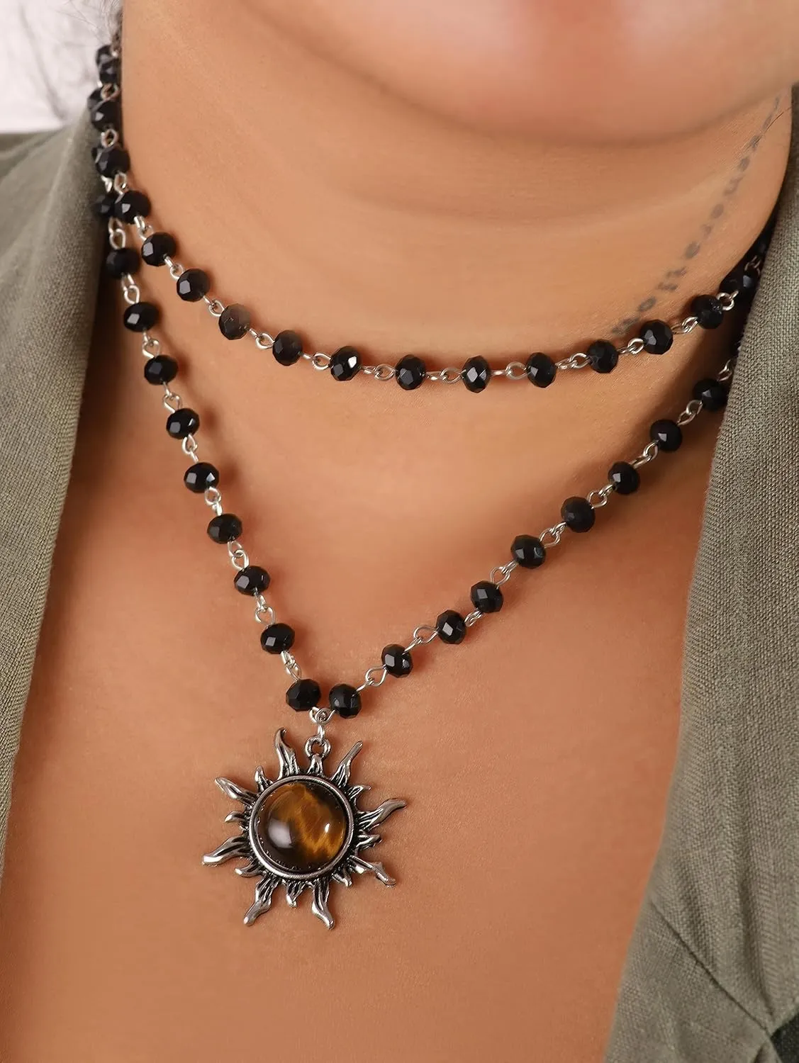 Sacina Gothic Emo Grunge Sun Choker, Black Bead Choker Necklace, Black Jewelry, Gothic Goth Necklace, Halloween Christmas Jewelry Gift for Women