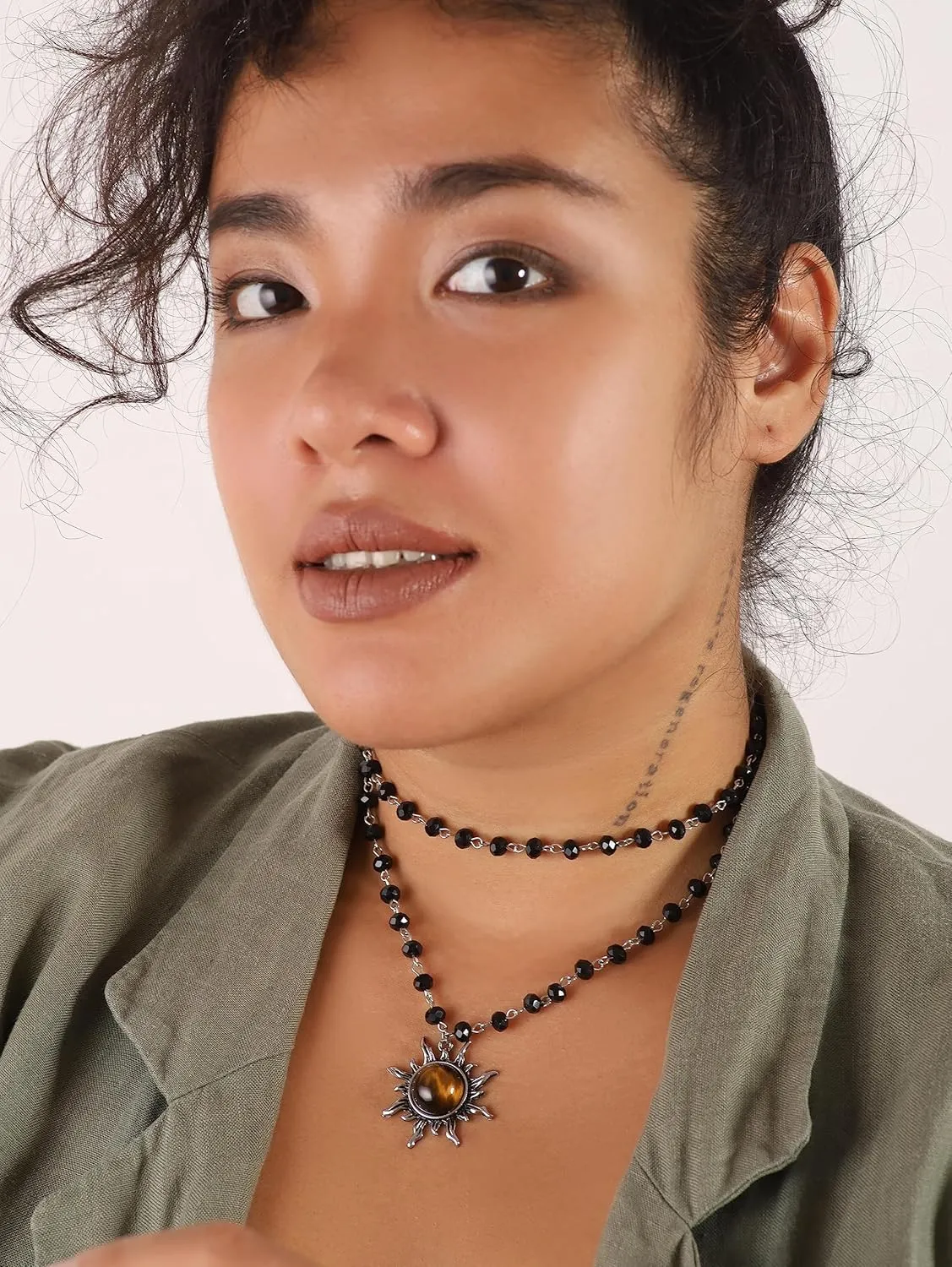 Sacina Gothic Emo Grunge Sun Choker, Black Bead Choker Necklace, Black Jewelry, Gothic Goth Necklace, Halloween Christmas Jewelry Gift for Women