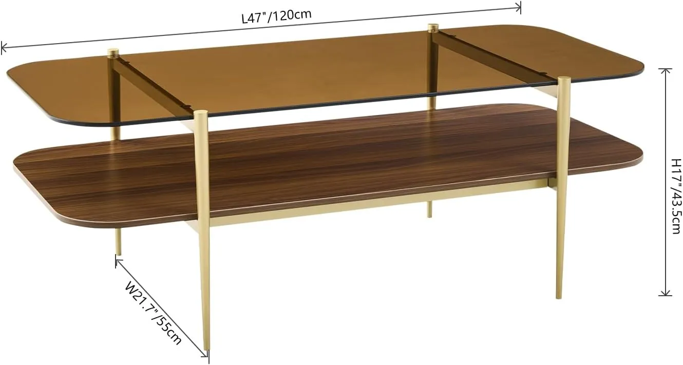 Saint Mossi Tadio Oval Glass Coffee Table, Double Layer Coffee Table for Living Room, Brown Glass & Coffee Brown MDF Bottom Shelf, H17xL47xW21