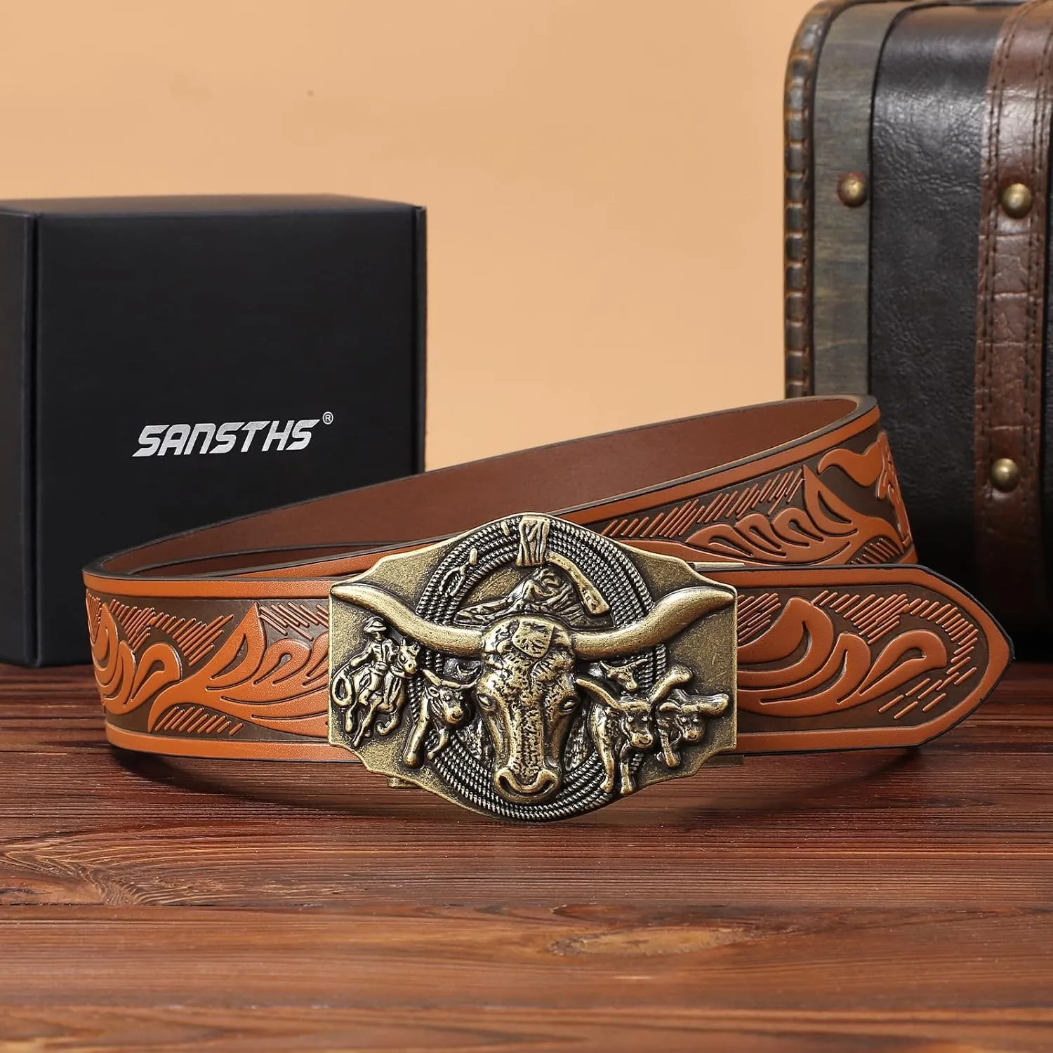 SANSTHS Ratchet Cowboy Belt, Western Ratchet Belts for Men Ratchet Western Belt with Automatic Cowboy Buckle