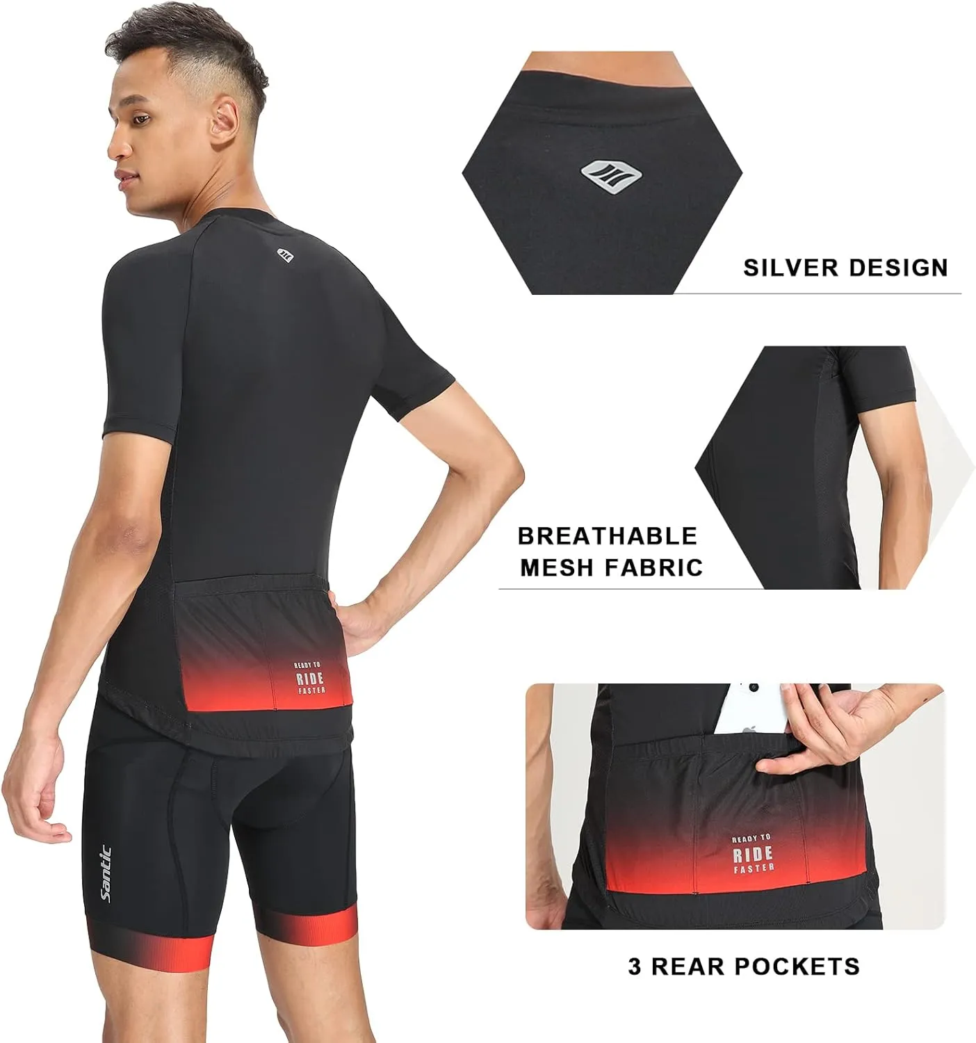 Santic Men’s Cycling Jersey Short Sleeve Bike Shirts for Men Bicycle Jacket with Pockets Breathable & Quick Dry Yorkson